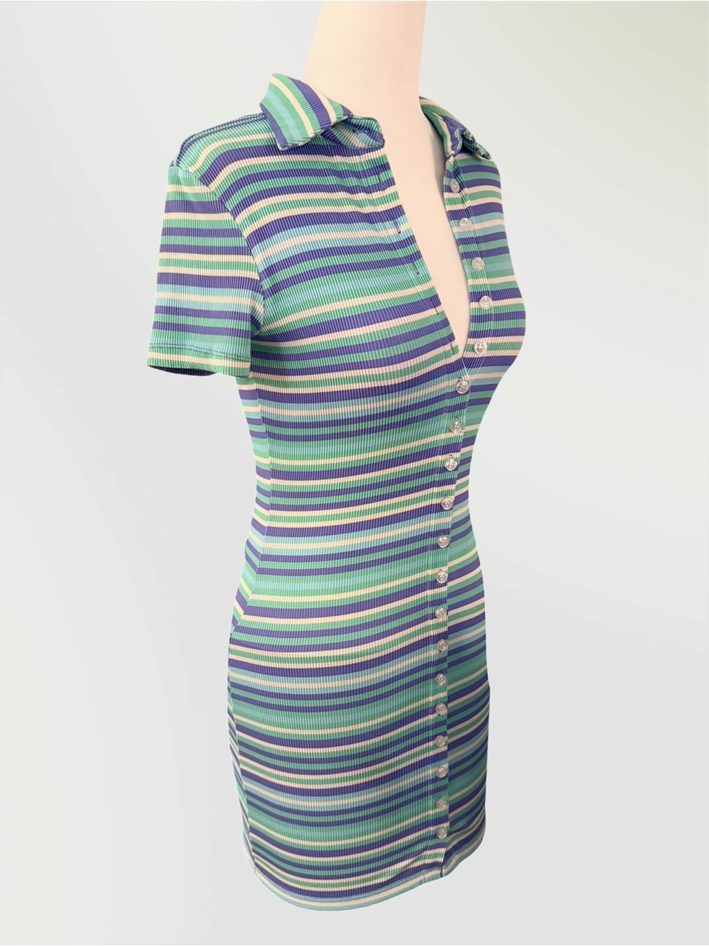MIESIS SWIMWEAR Striped Polo Full Button-Front Mini Dress in Green & Blue NWOT